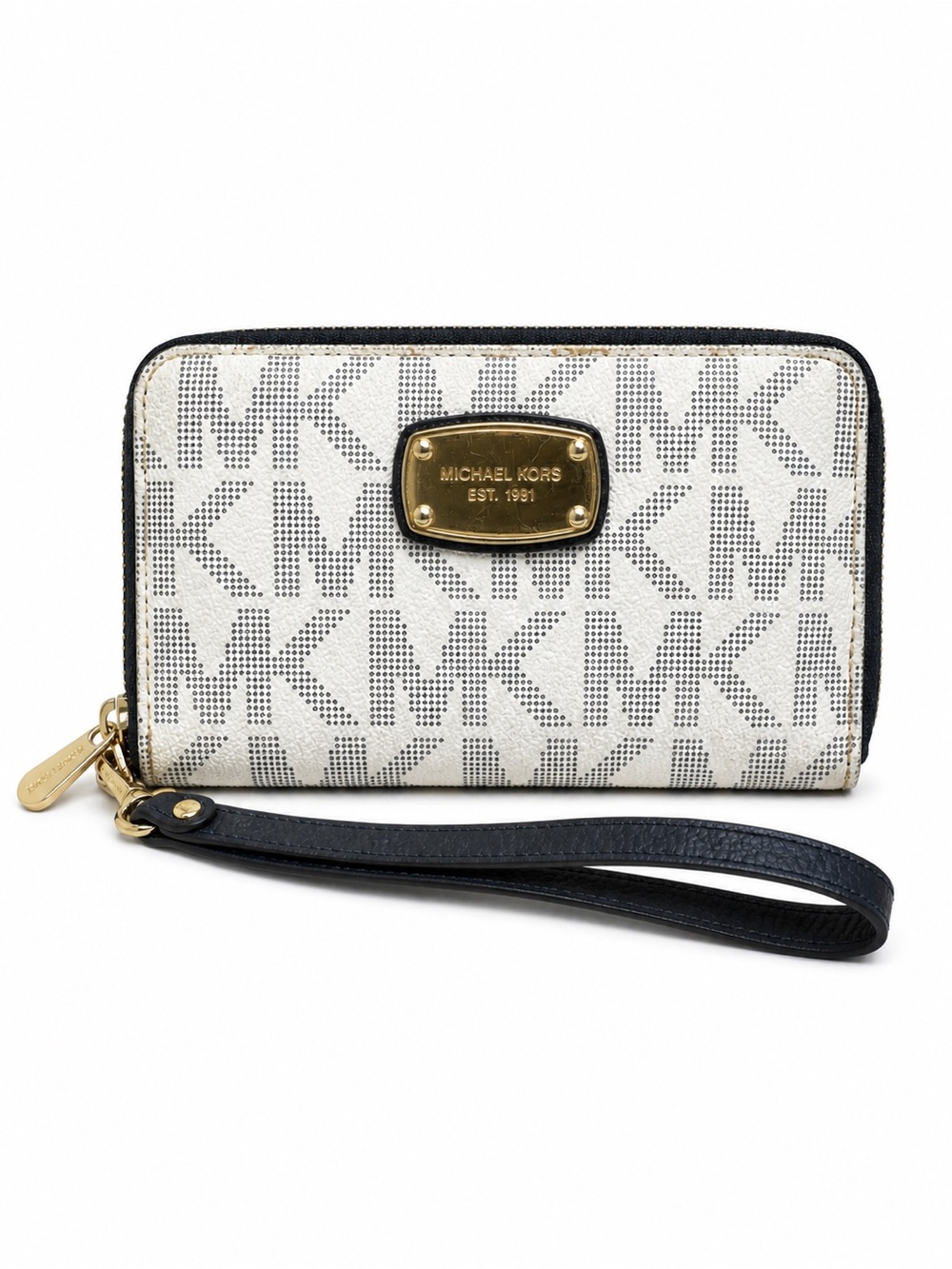 Michael Kors Jet Set Large Flat Phone Wallet Wristlet Navy White Monogram MK